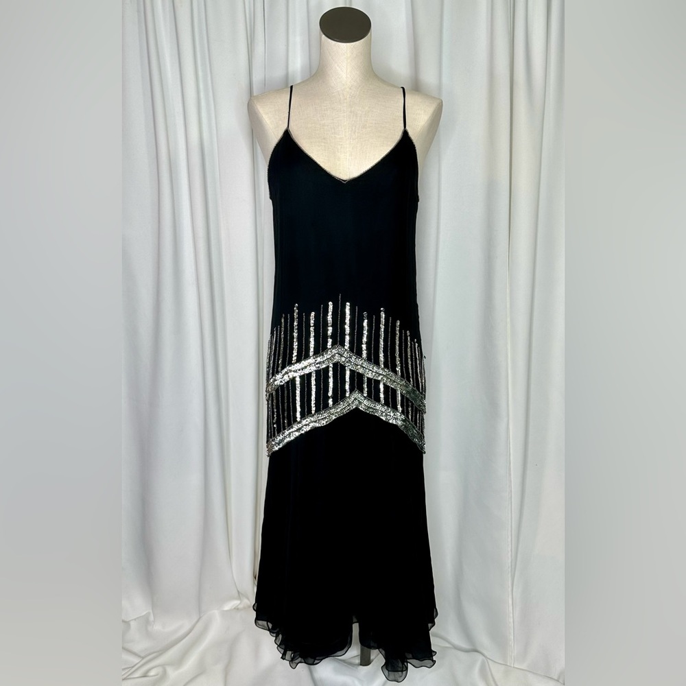Women’s Formal Black and Silver Silk Beaded Evening Gown